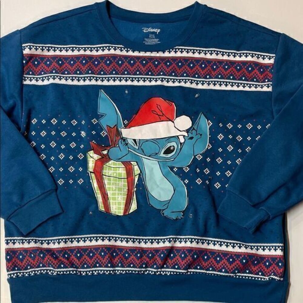 Disney Lilo Stitch Christmas Sweatshirt Blue Holiday Crewneck Sz XXL